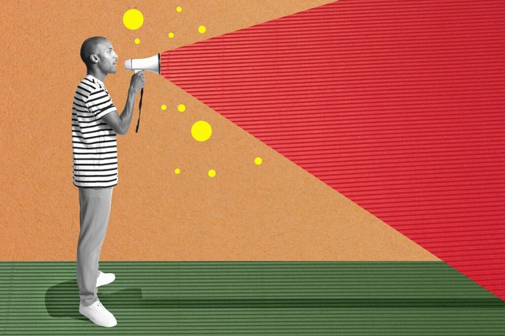 A graphic color-block image of a man speaking into a megaphone.