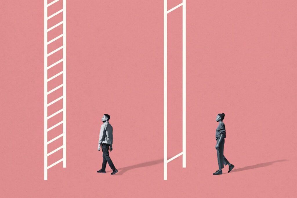 A graphic design showing two students standing in front of two ladders—one with evenly spaced rungs and the other with a large gap between them, making it impossible to climb.