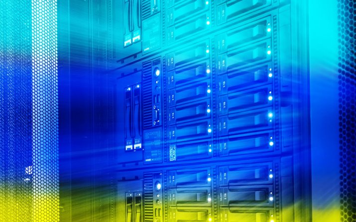 A server room with an overlay of teal, blue, and yellow light.