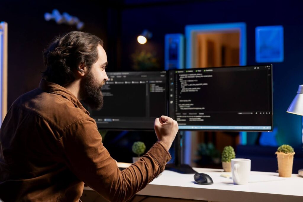 A coder at a multi screen workstation reacts happily to the results of his efforts.